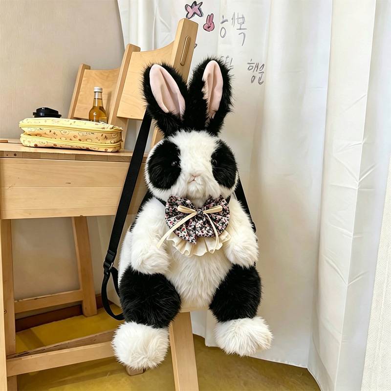 Cute Bowknot Plush Rabbit Backpack Realistic Long Fur Bunny Doll Cartoon Stuffed Animal Bag