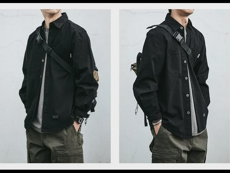 Men's Long Sleeve Japanese Retro Work Shirt - Korean Style Trendy Loose Fit with Pocket, Versatile Youth Casual Jacket.