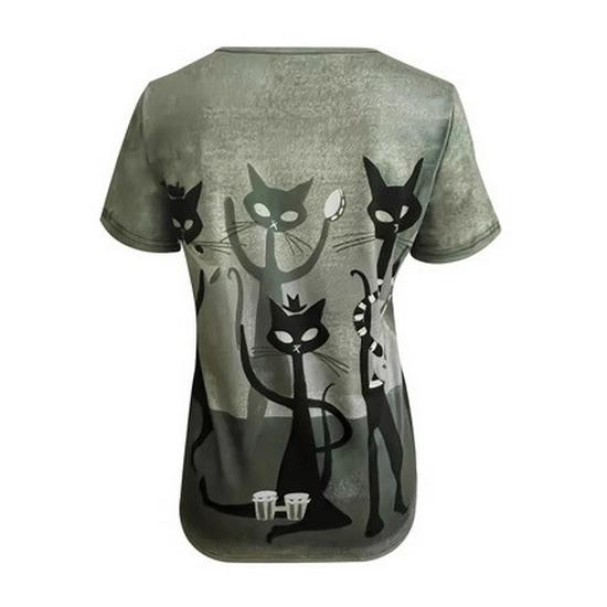 2025 Cartoon Kitten V-Neck Short Sleeve T-Shirt for Women - Spring/Summer Casual Top