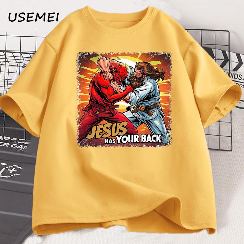 Ježíš ti kryje záda Jiu Jitsu Retro Křesťanské Tričko Pánské Bavlněné Tričko s Krátkým Rukávem Streetwear Unisex Oblečení Grafická Trička
