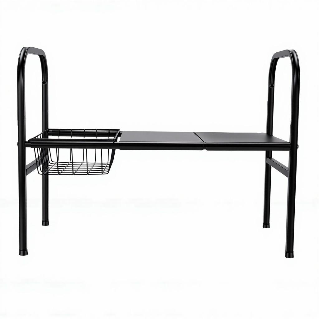 Expandable Under Sink Organizer 1 Tier Shelf with 1 Removable Basket 2 Removable Panels for Cabinet Sink Cloakroom