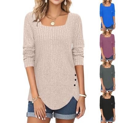 Women's Fashion Square Neck Solid Color Fleece Long Sleeve Decorative Button Hem Split Top