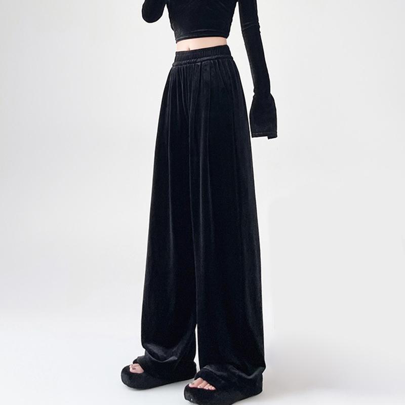 Goldener Samt Weitbeinige Hose Damen Herbst und Winter Locker Hochtailliert Lässig Drapierend Gerade Wischende Lange Hose