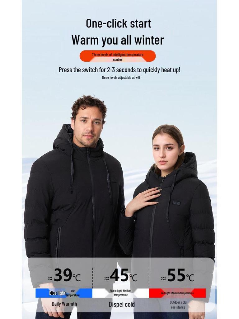 Men's Smart Heated Winter Jacket with Hood - Warm, Constant Temperature, Cold-Proof Cotton Coat