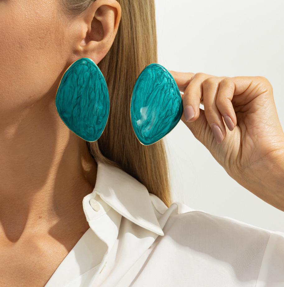 Temperament Light Luxury Resin Gem Stud Earrings, Retro Geometric Irregular Pleated Metal Oil Drop Earrings