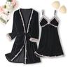 New Autumn Velvet Pajamas Two-piece Robe Set Feminine Lace See-through Robe Bathrobe Casual Velvet Home Clothes