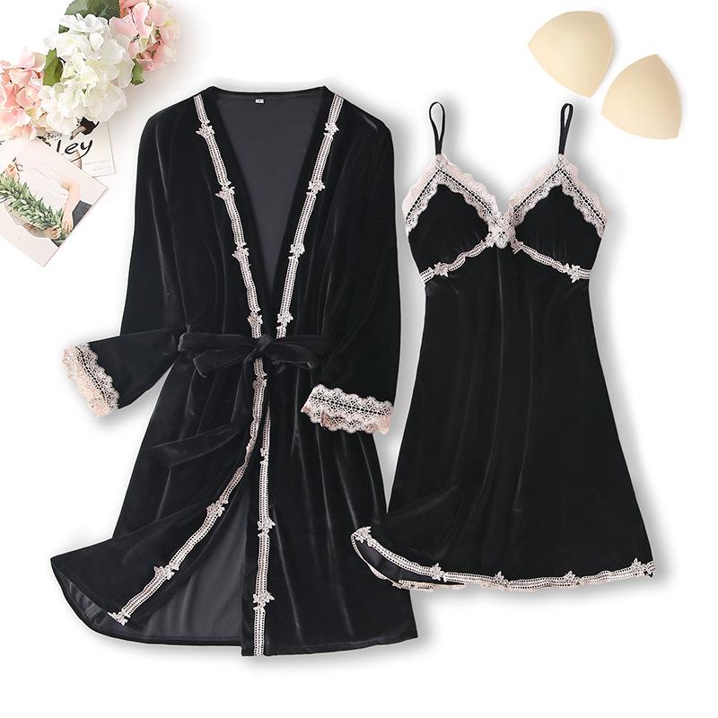 New Autumn Velvet Pajamas Two-piece Robe Set Feminine Lace See-through Robe Bathrobe Casual Velvet Home Clothes