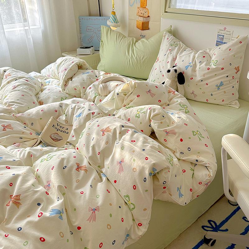 Cream Pure Cotton 4 Piece Bed Sheet Set Washable All Cotton Duvet Cover Pillowcase Class A 3 Piece Set Soft Comfortable Bedding