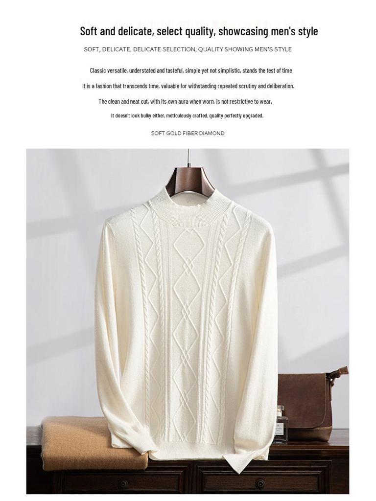 Men's Cashmere Half-High Neck Long Sleeve Knit Sweater - Warm, Business Casual, Plus Size Available