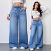 Pantaloni Jeans a Gamba Larga Donna Denim Lavato Vita Elastica Lacci Distressed Vintage Streetwear Femminile Lunghezza Totale Pantaloni Larghi