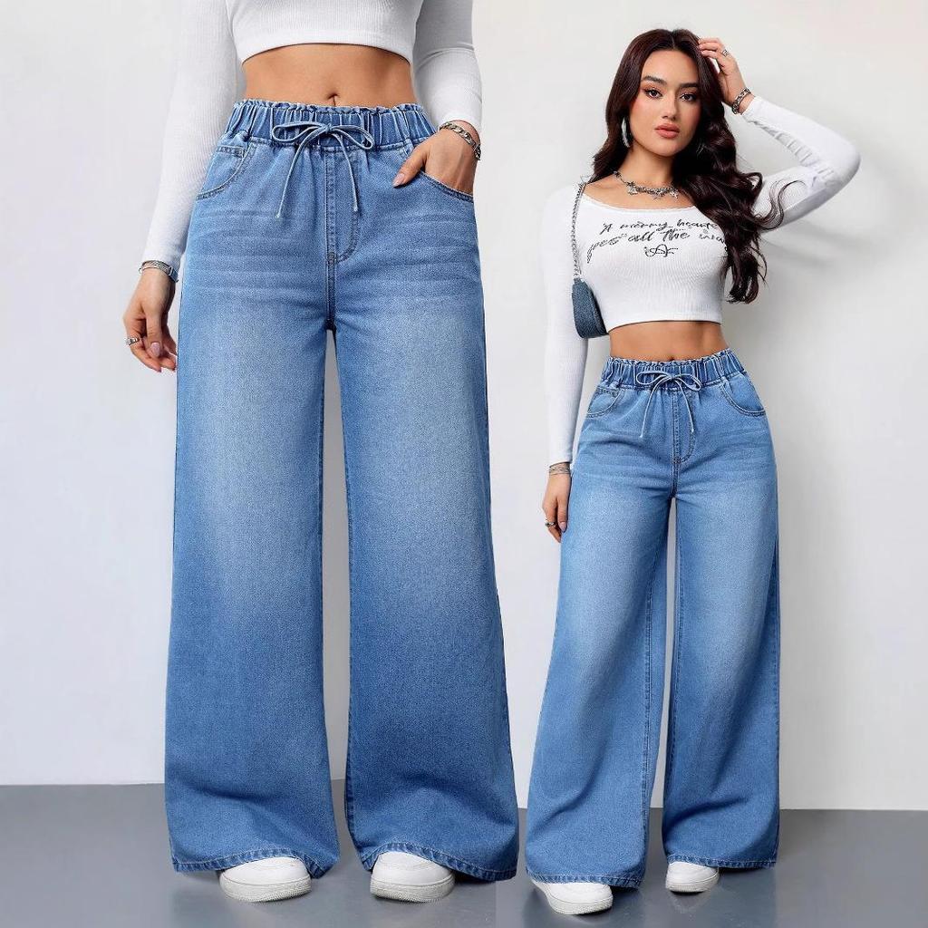 Wide Leg Pants Jeans Women Washed Denims Elastic Waist Lace Up Distressed Vintage Streetwear Female Full Length Loose Trousers
