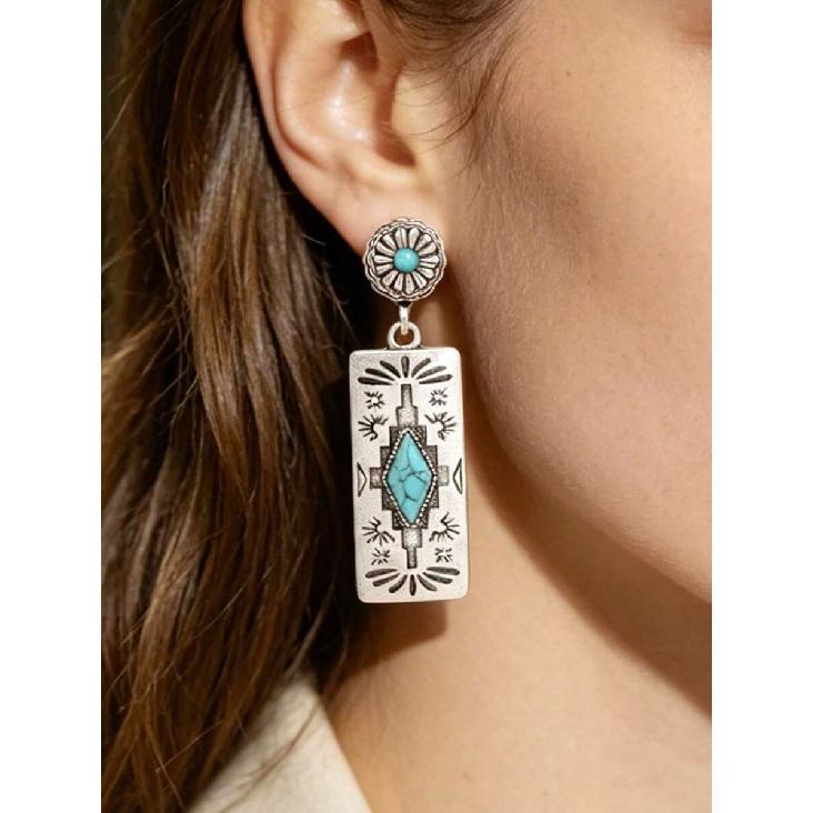 1 Pair Western Style Carved Inlaid Rhombus Artificial Turquoise Rectangular Pendant Earrings, Women's Vintage Jewelry