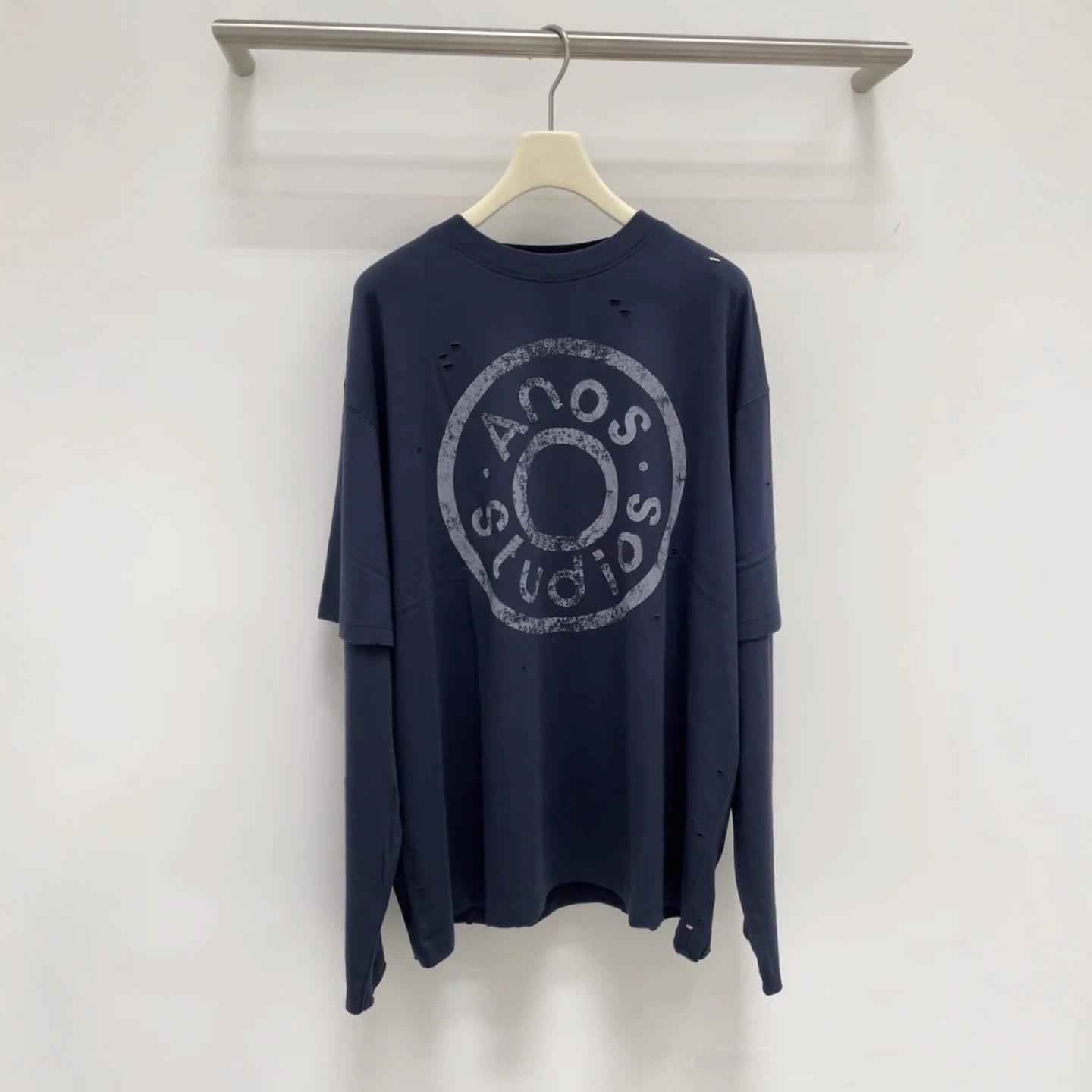 2026 Early Spring Distressed Button Print Ripped Loose Long Sleeve Unisex T-Shirt S темно-синий