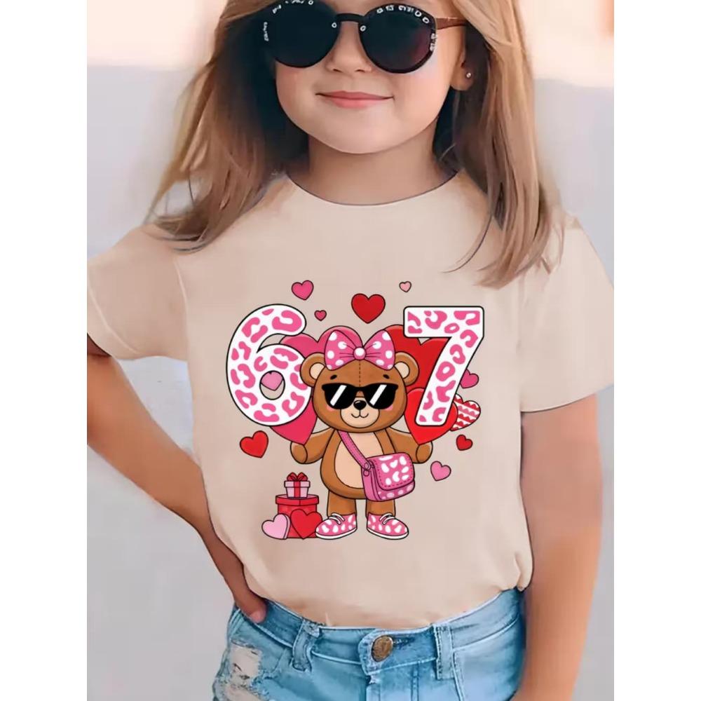 Children's Cute Girl T-Shirt Cartoon Bear Digital 67 Print Fashion Round Neck Short Sleeve Top Clothing Gift Children's Clothing