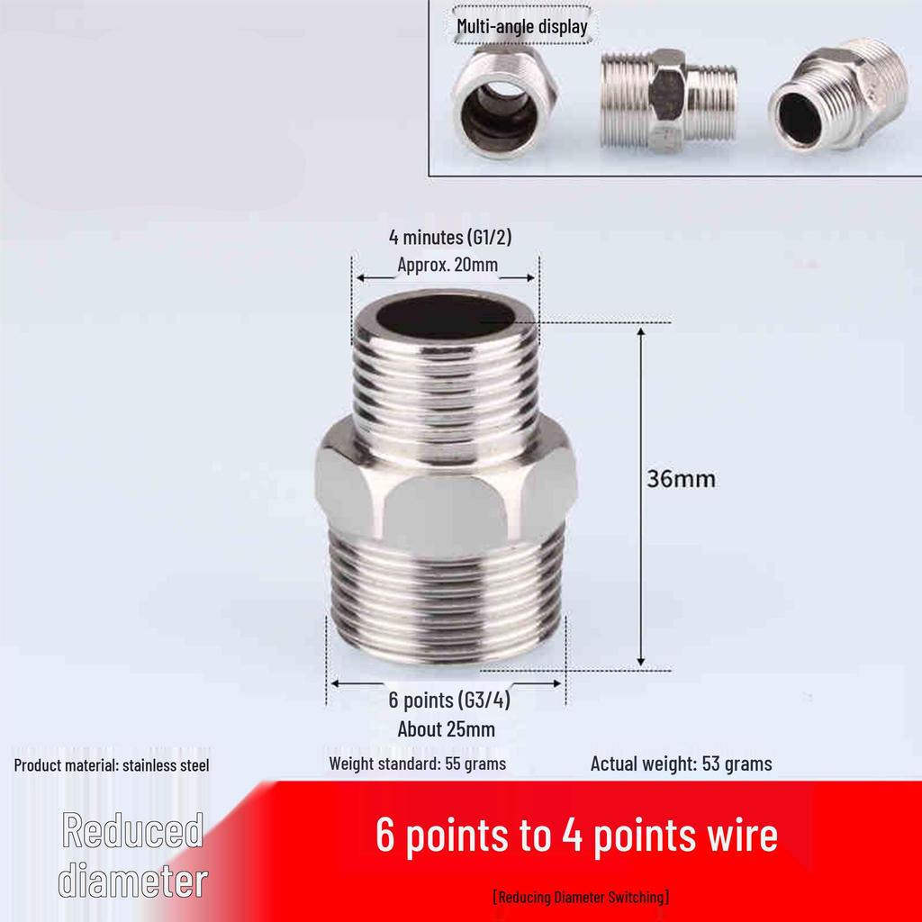 304 Stainless Steel Double-Headed Hexagonal Eccentric Reducer, DN25, 1/2" to 3/4" Male Thread Straight Stud