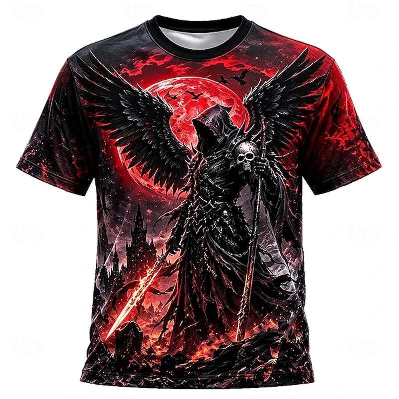 New Men's Halloween Crew-Neck Short-Sleeve T-Shirt Grim Reaper Scythe and Skeleton Print Crew-Neck Short-Sleeve Men's Top