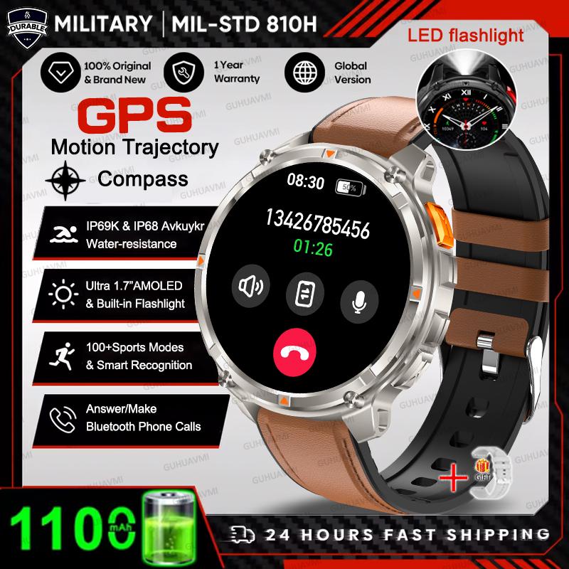 1100mAh Large Battery Durable Adult Smart Watch GPS Strong Flashlight 10ATM Waterproof BT Call Sport Smartwatch Men