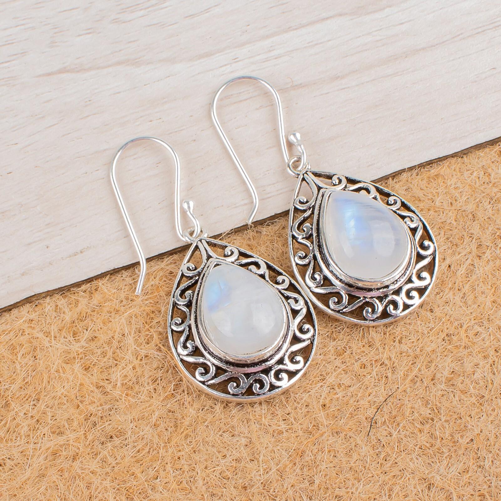 

Rainbow Moonstone Gemstone 925 Sterling Silver Jewelry Handmade Earrings 1.72 CE-4-18