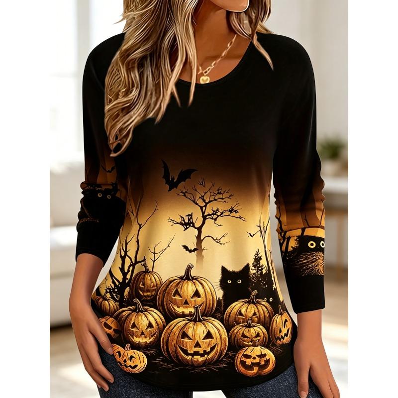 Women's Long Sleeve Crew Neck Halloween Black Cat Print Casual T-Shirt, Regular Tops for Spring Summer Daily Weekend Wear