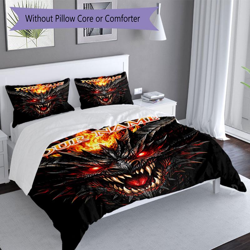 3PC Custom Name Fiery Demon Artwork Bedding Set Duvet Cover Closure Includes 1 Duvet Cover & 2 Pillowcases for Bedroom