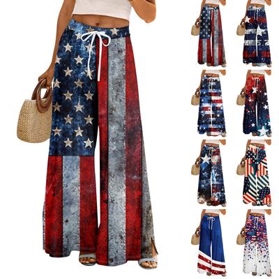 Women Summer Boho Palazzo Pants High Waist Wide Leg Independence Printing Casual Trousers With Pockets