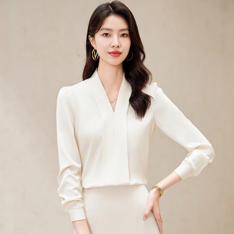

Women s White V-Neck Chiffon Blouse - Elegant Professional Wear for Spring & Autumn XL
