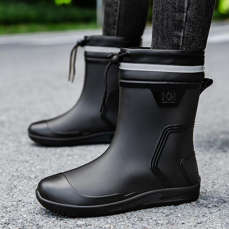 Water Shoes Rain Shoes Men's Medium Tube Waterproof Mouth Elastic Bundle Rubber Shoes Rider Velvet Warm Rain Boots