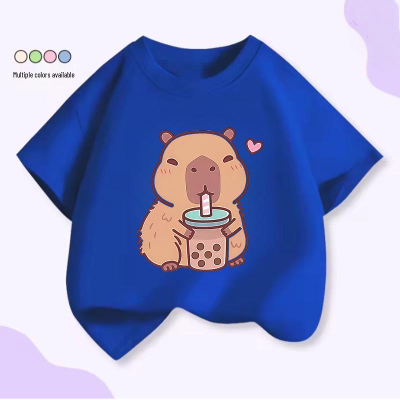 Unisex Kids’ Cute Capybara Milk Tea Cartoon T-Shirt - Loose Summer Casual Short Sleeve Top