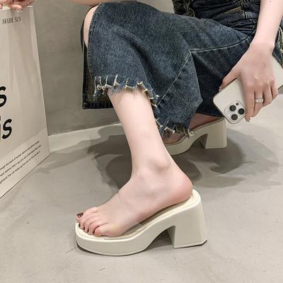 High-heeled Slippers for Women's Summer Outer Wear 2025 New Transparent One-word Sandals Waterproof Table Thick-soled Thick-heeled Cool Slippers