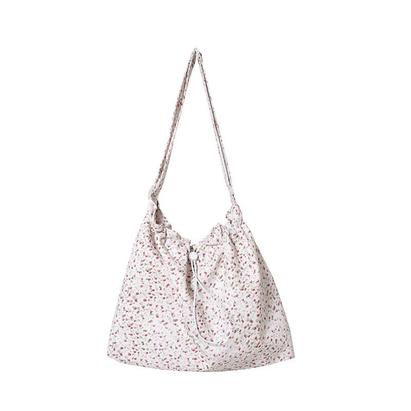 Canvas Drawstring Ruched Floral Tote Bag With Magnetic Closure For Casual Daily Use
