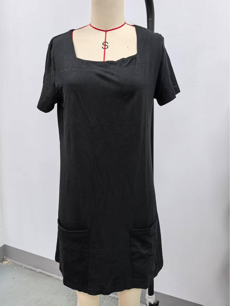 European and American Fashion: Women's Square Neck Short Sleeve Pocket Dress