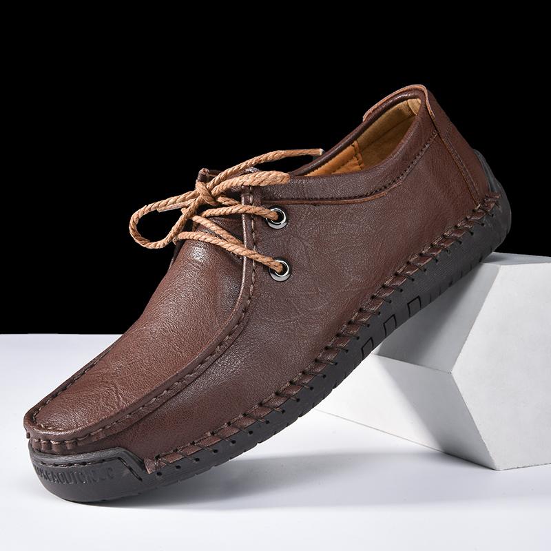 Fashion New Fashionable Leather Men's Casual Shoe  Solid-Color Comfortable Driving Shoe  Breathable And Anti-Slip Lace -Up Driving Shoes