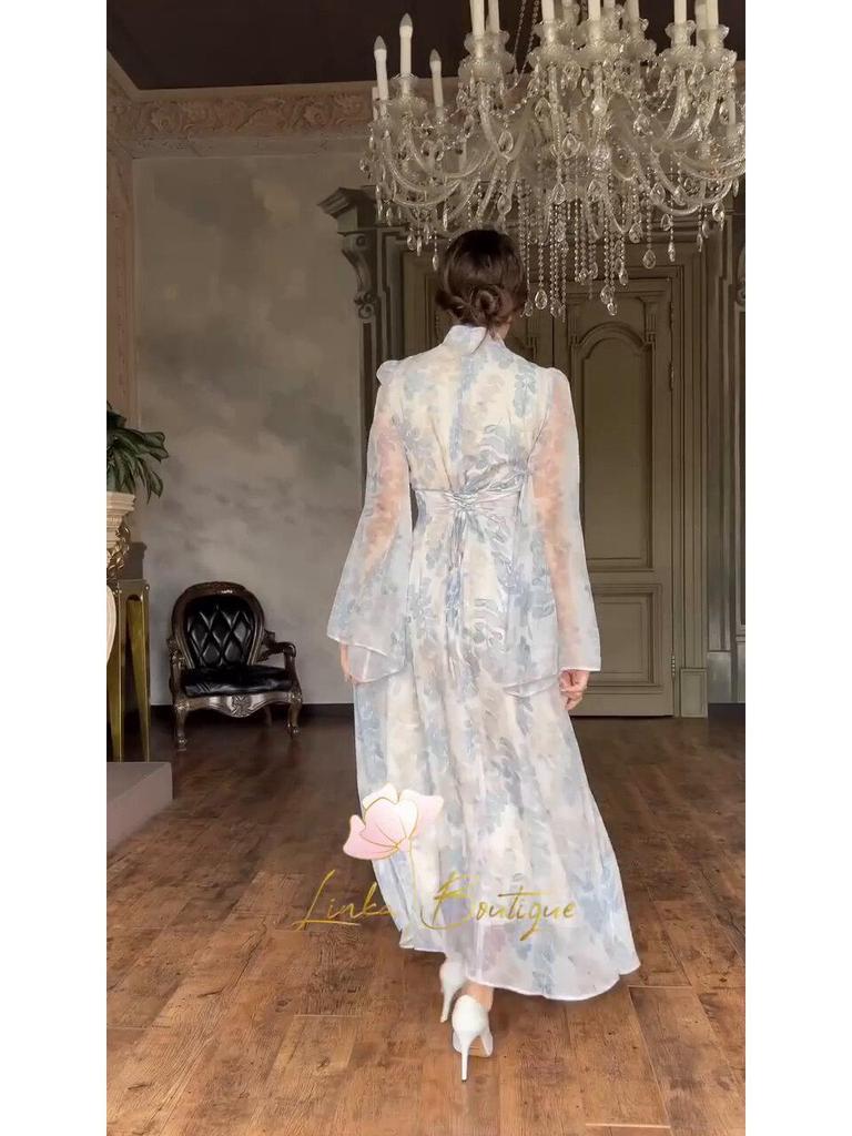 2024 Elegant French Slimming Dress with Flared Sleeves & Waist Tie for Women