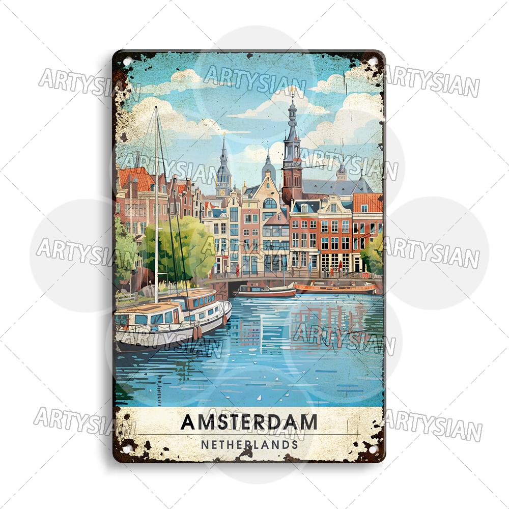 Netherlands Turkey Travel Cityscape Metal Sign Istanbul Bodrum Cappadocia Amsterdam Antalya Bodrum Giethoorn Metal Plaque
