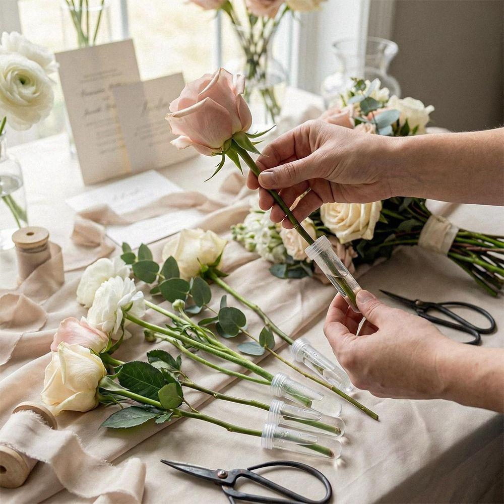 100Pcs Transparent Plastic Flower Preservation Pipe with Caps Nutritional Flower Tube  Flowers Decor