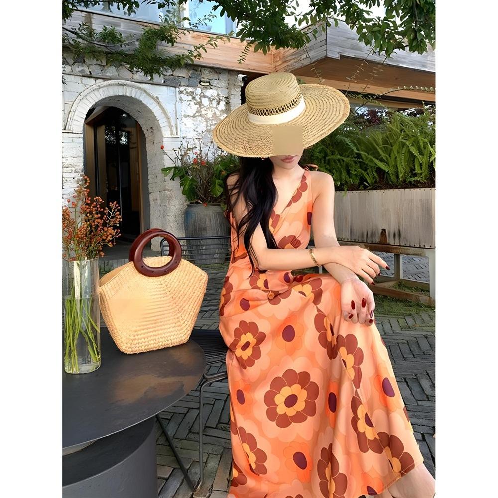 

Ретро принт V-образный вырез платье на бретелях женское универсальное новое раннее лето одежда приморский отпуск темперамент длинное платье XL- (recommended 110-60kg)