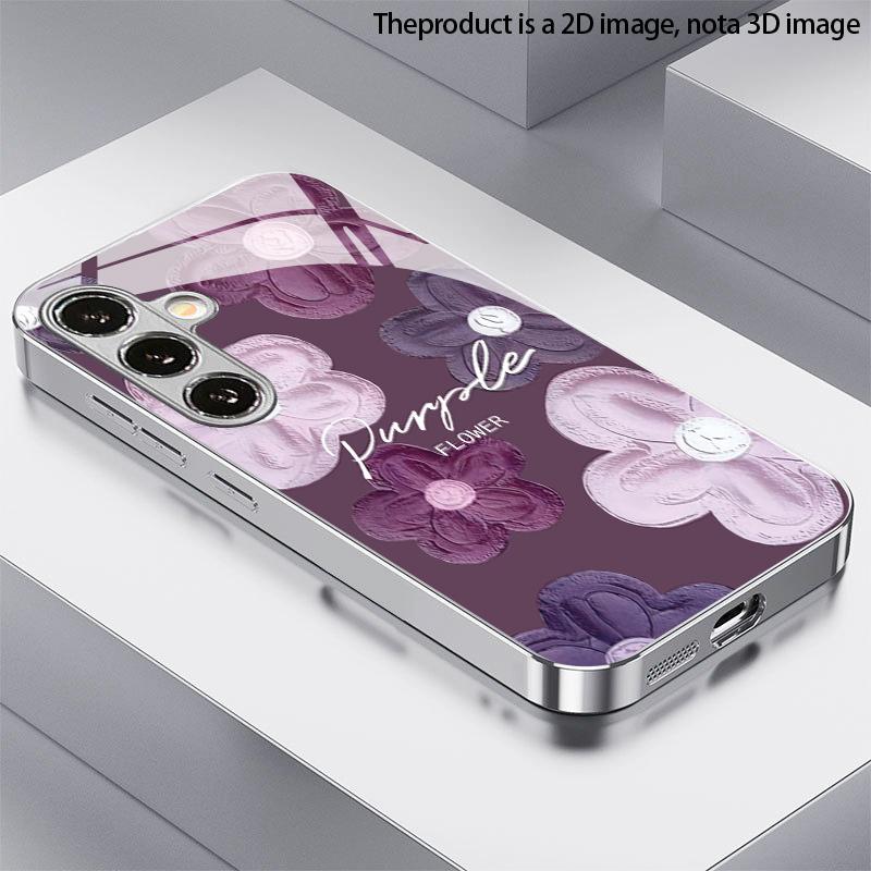 Purple Flower Oil Painting Pattern 2D Phone Case for Samsung S26 S25 S24 S23 S22 S21 S20 A56 A36 A16 - Electroplated Glass