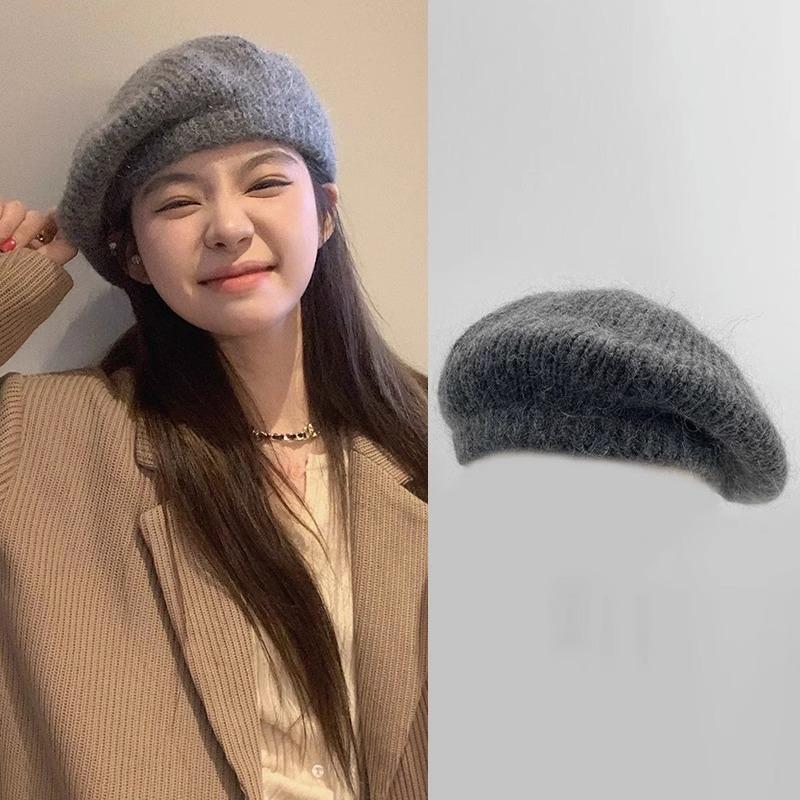 Französischer lässiger Damen Mohair Wollmischung Gestrickte Baskenmütze Mütze Beanie Winter