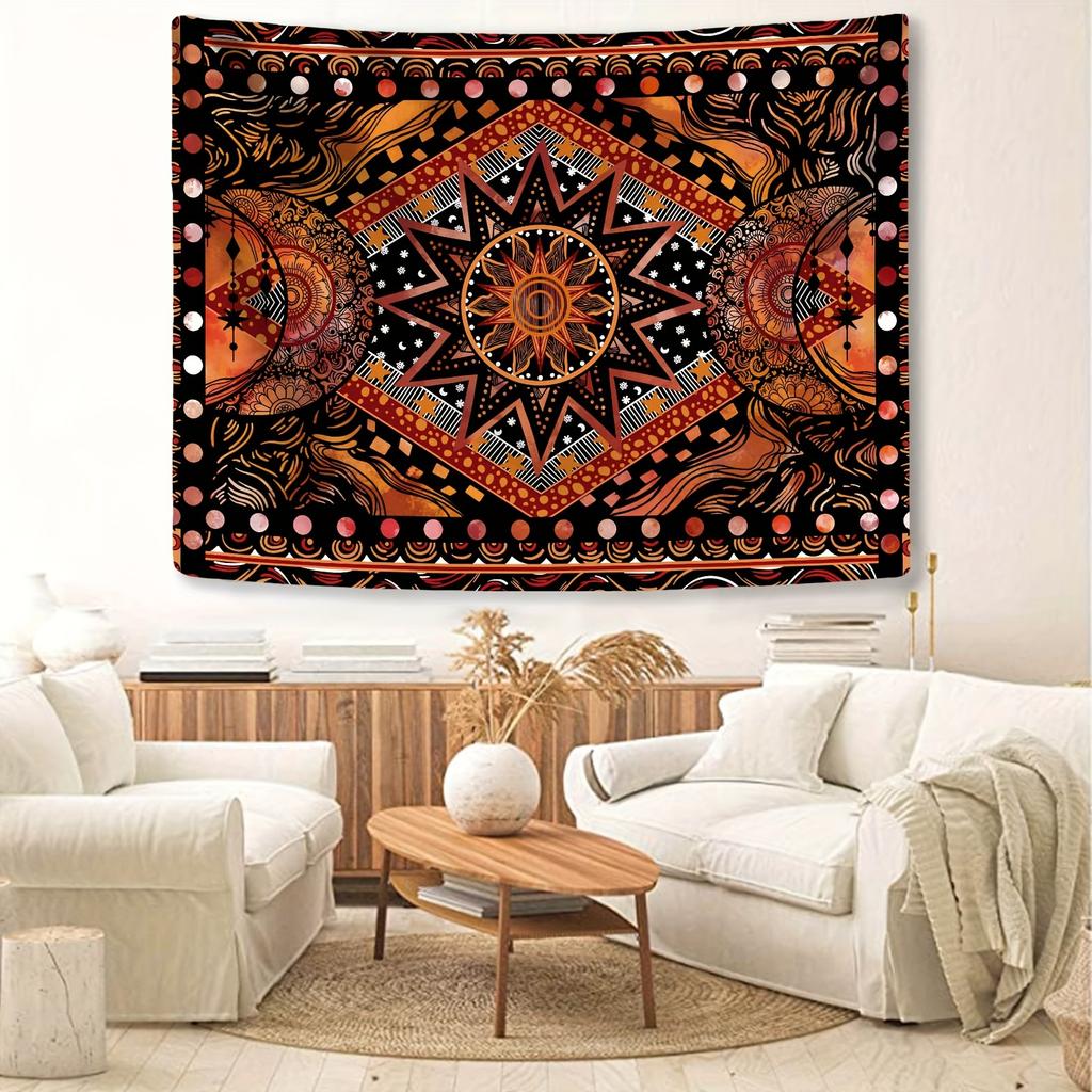 Pomarańczowa Hippie Mandala Gobelin Słońce i Księżyc: Fajna Estetyczna Dekoracja Ścienna – Idealna do Sypialni, Salonu, Akademika i Wystroju Domu