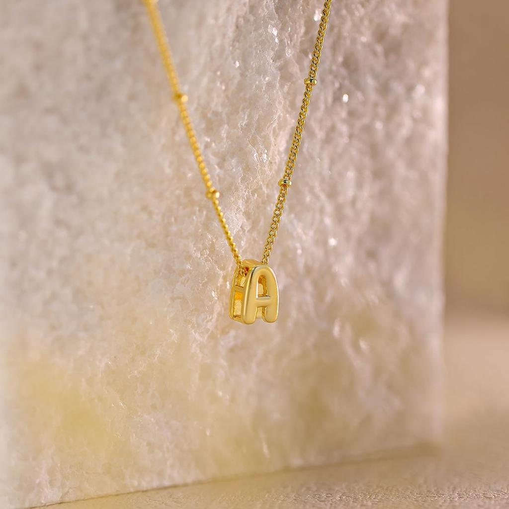 Bubble Letter Necklace Gold, Dainty Initial Necklaces for Women 14K Gold Plated Small A to Z Name Necklace Personalized Simple Initial Pendant Cute
