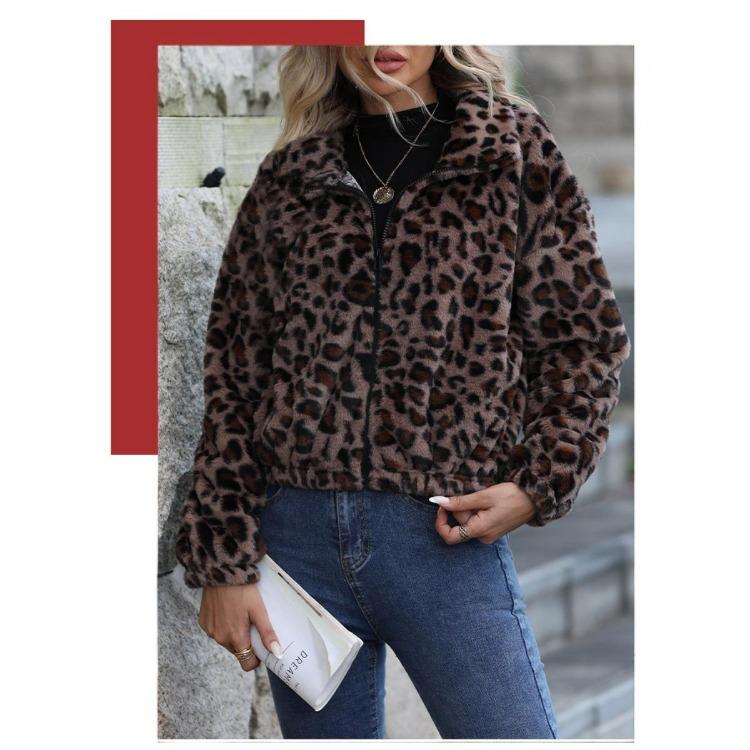 Women Fluffy Leopard Print Fleece Jacket Loose Zip Coat Long Sleeve Autumn Winter