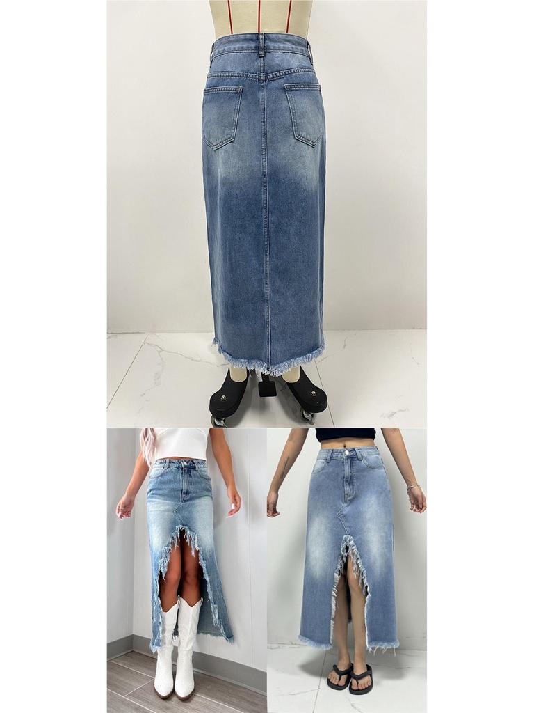 High-Waisted Irregular Frayed Denim Midi Skirt - Women's Vintage Washed Skirt
