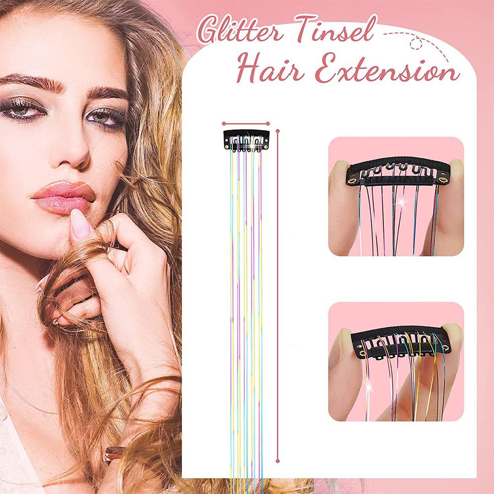 12Pcs Hair Tinsel Clip In 19.7" Glitter Tinsel Hair Extensions Synthetic Clip In Sparkle Hair Accessories For Kids Girls Women
