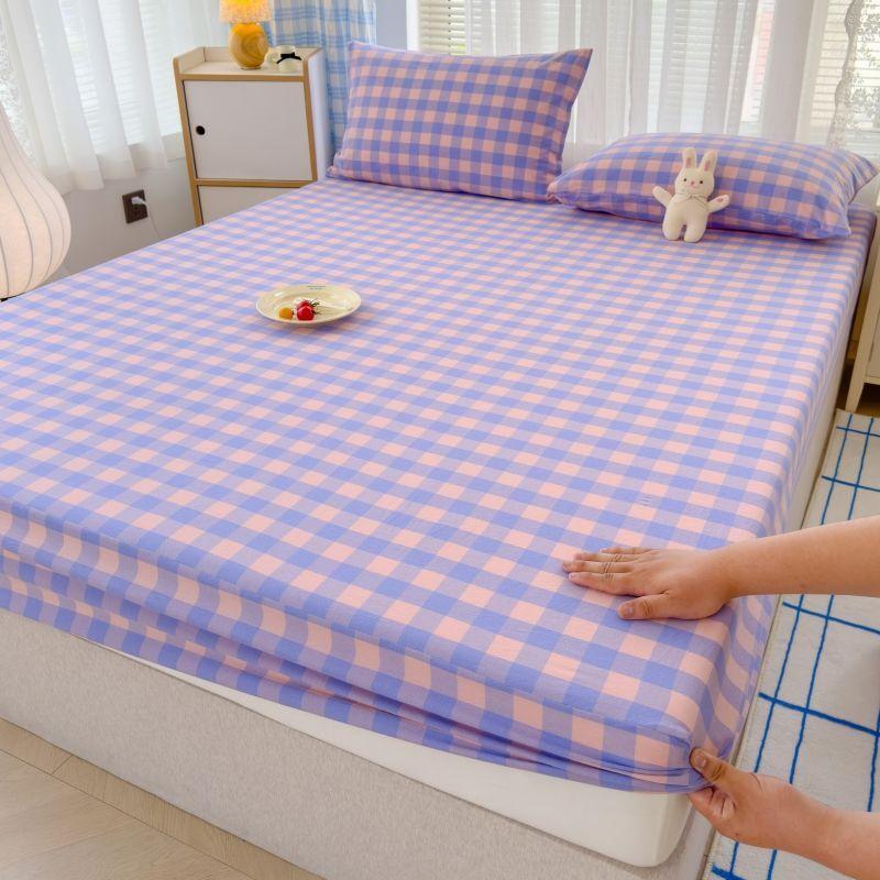 Japanese Style Washed Cotton Checkered Bed Sheet Three Piece Set, Fully Wrapped Bed Sheet, Non Slip Single Piece, Simmons