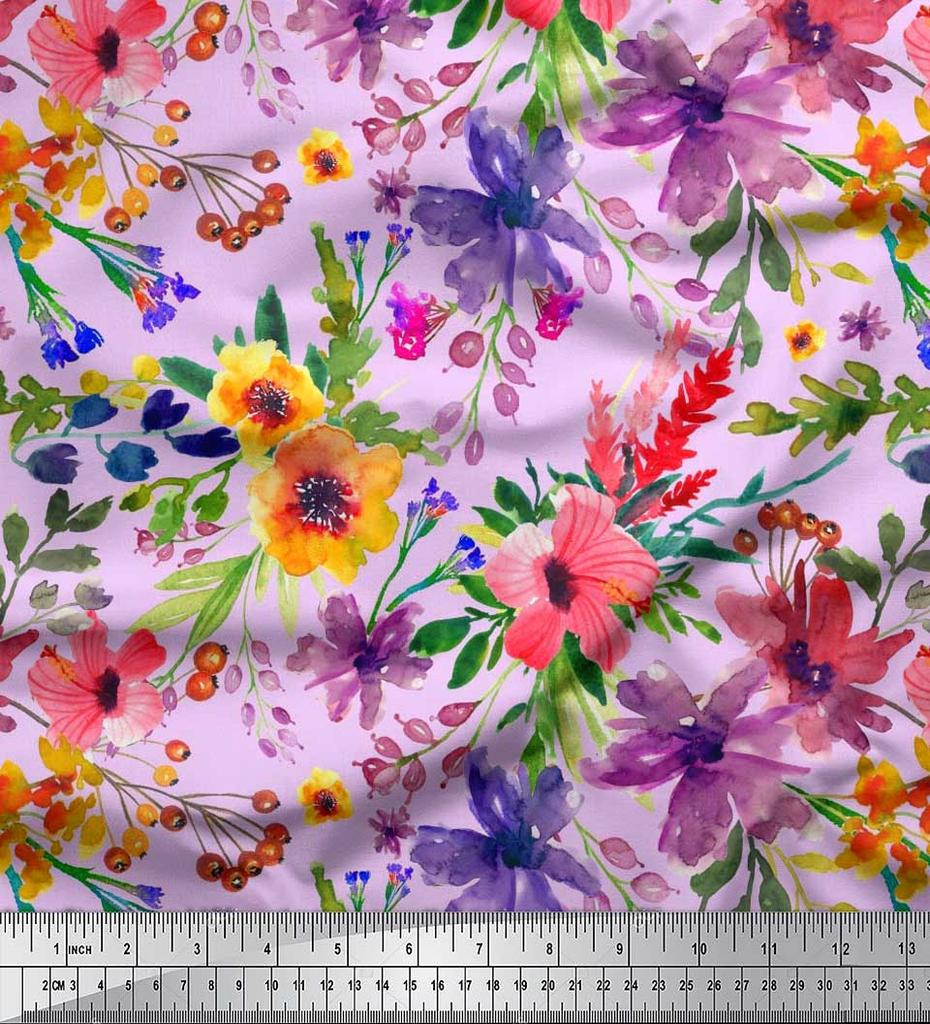 Soimoi Japan Crepe Satin Fabric Flower & Leaves Watercolor Decor Fabric Printed metre 42 Inch