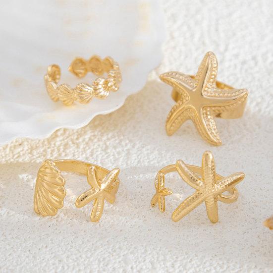 4Pcs Ocean Style Ring Set, Adjustable Open Rings, Gold Plated Starfish Seashell Rings, Dainty Summer Beach Jewelry Gifts for Women