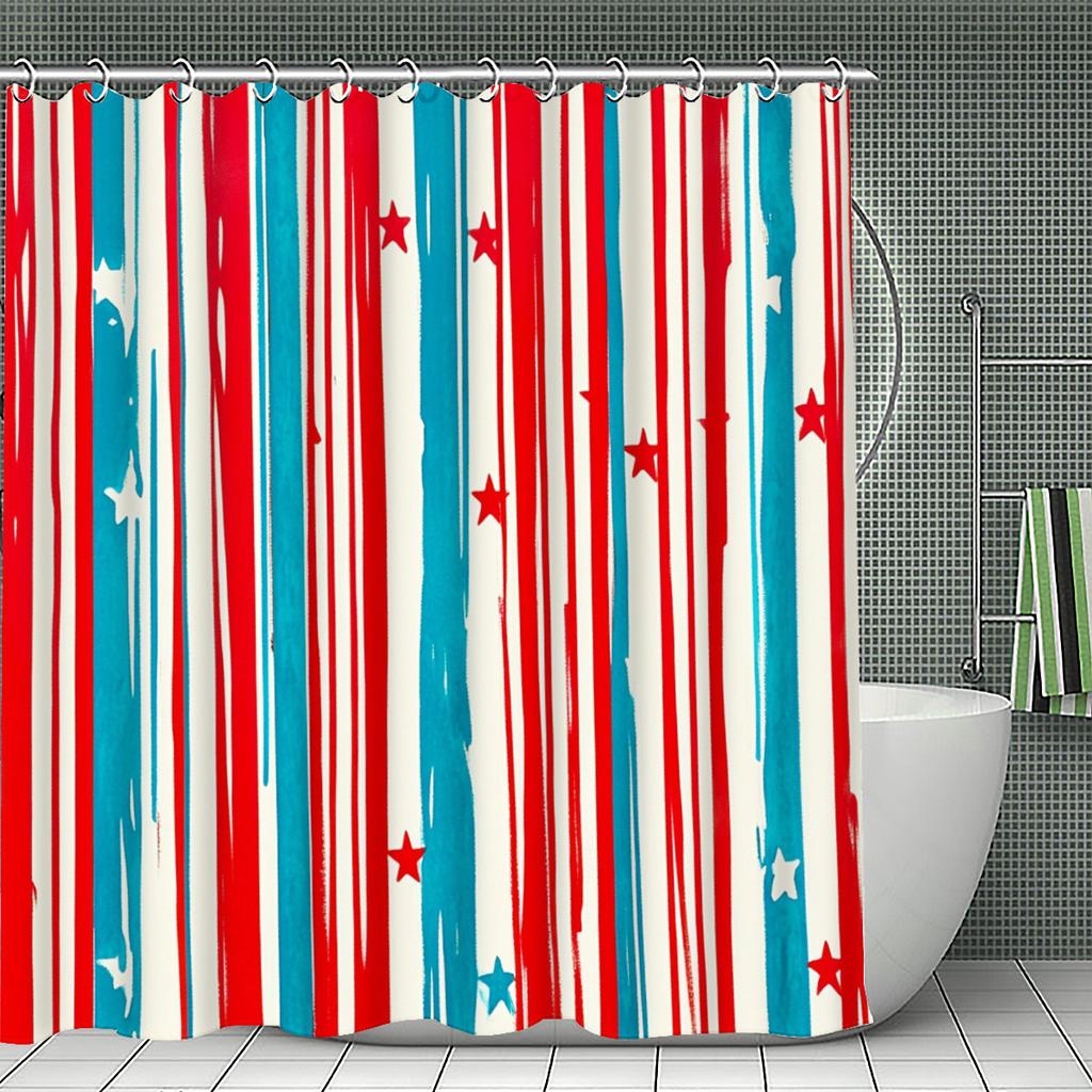 Watercolor Stripe & Star Shower Curtain 1Pc With 12 Hooks For Bathroom Home Decor Polyester 2D Flat Print 70.8X70.8 Inch