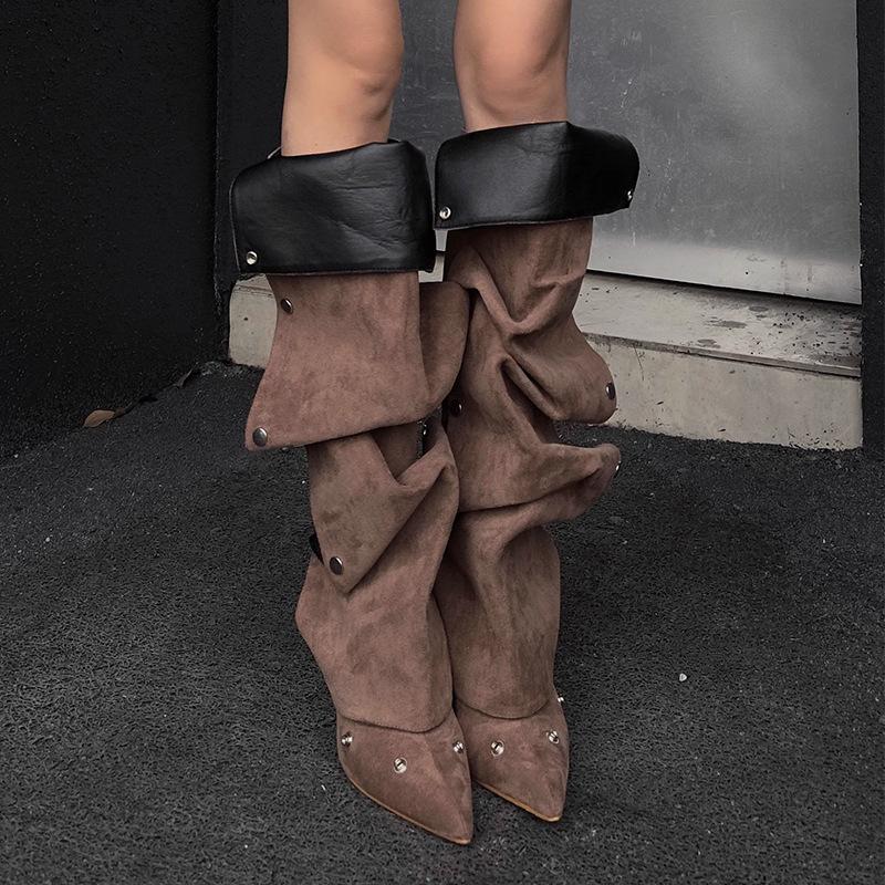 Pointed Stiletto Heel Pile Boots Button Splicing Trouser Tube Boots Spice Girl High Heel Long Tube Fashion Boots Women But Knee Boots Children