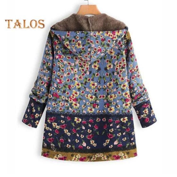 Women Winter Coat Retro Floral Print Zip Up Hooded Jacket Mid Length Plush Thick Warm Pockets Long Sleeves Daily Leisure Wear