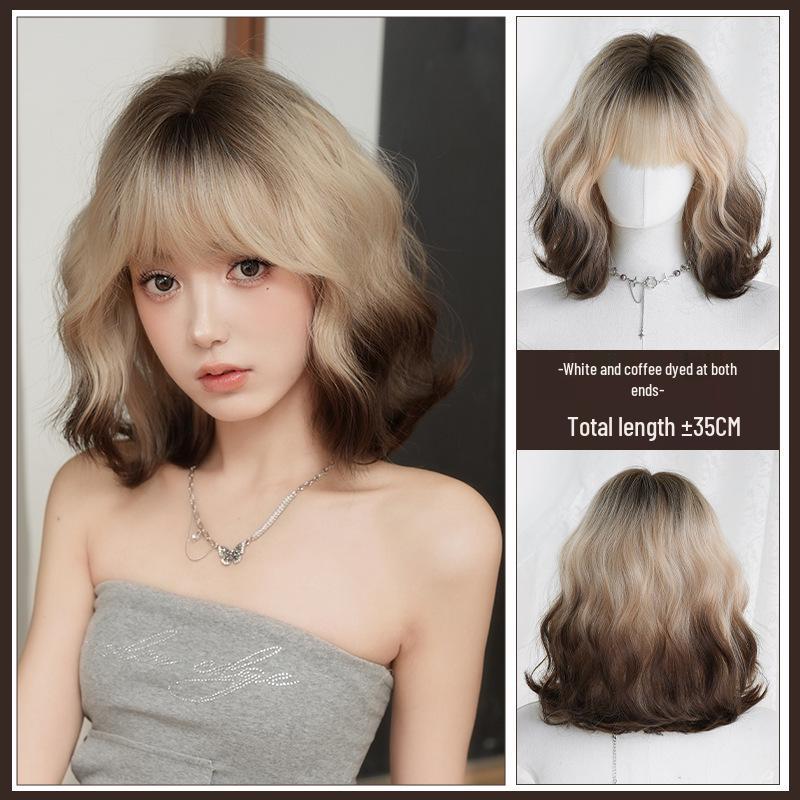 Women's Short Curly Summer Wig with White Coffee Gradient and Full Coverage